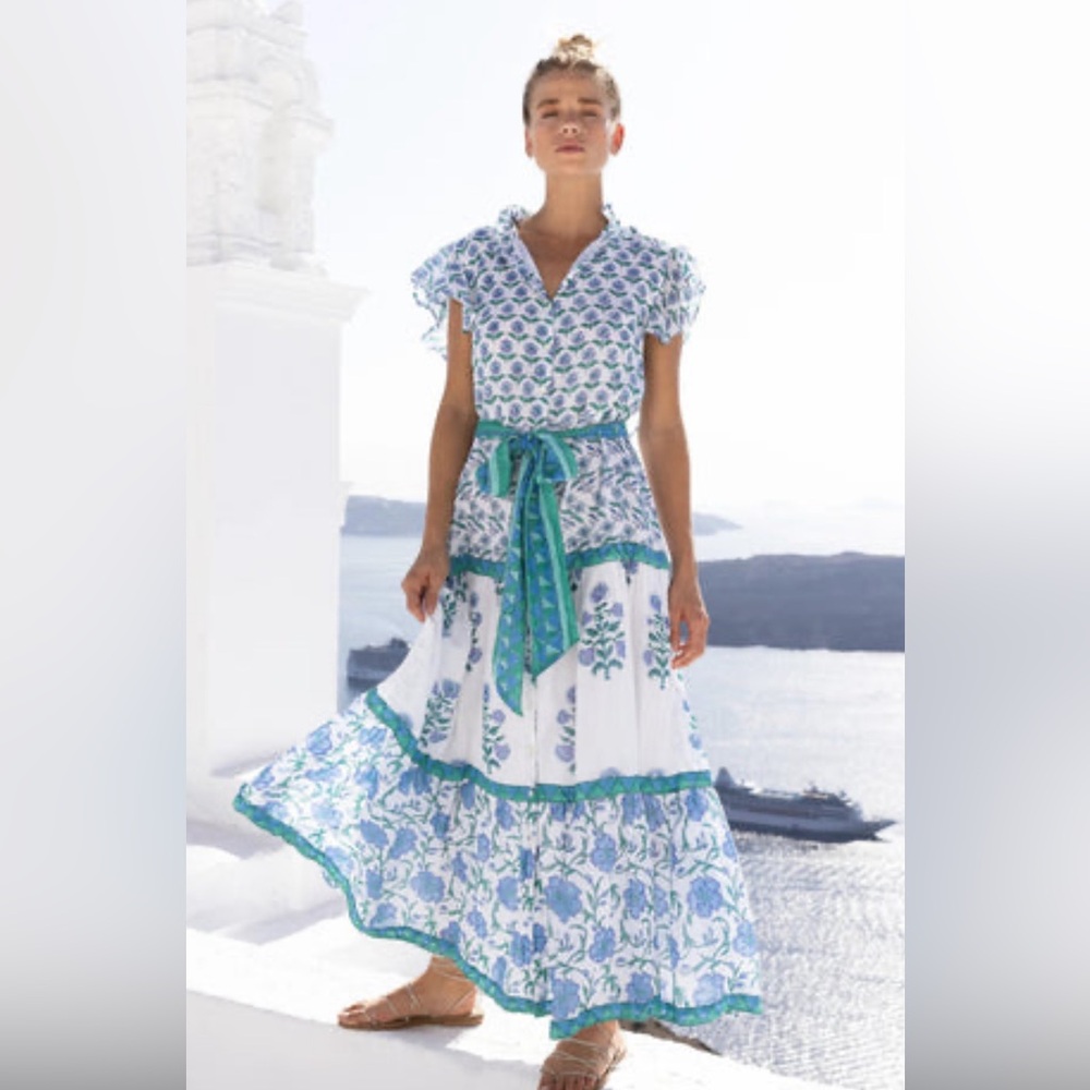 OLIPHANT Ruffle Collar button up Maxi Dress - Terra Blue with tie waist